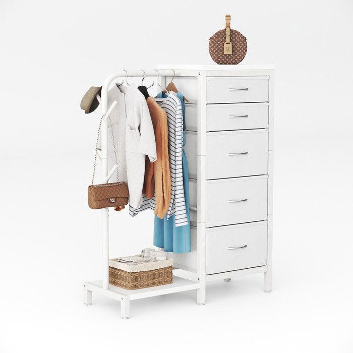 4en1 Porte-manteau multifonction avec portant 4 crochets 1 étagère et 5 tiroirs meuble de rangement pour chambre et bureau blanc