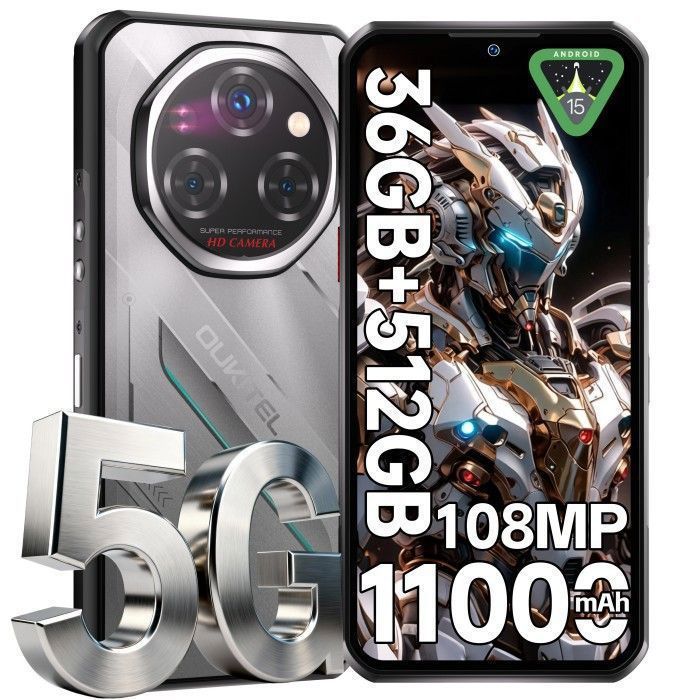 OUKITEL WP62 5G Portable Incassable 36Go+512Go/2To 6 6 FHD+ 120Hz 108MP+32MP+8MP Android 15 11000mAh+33W IP68/NFC/OTG Girs