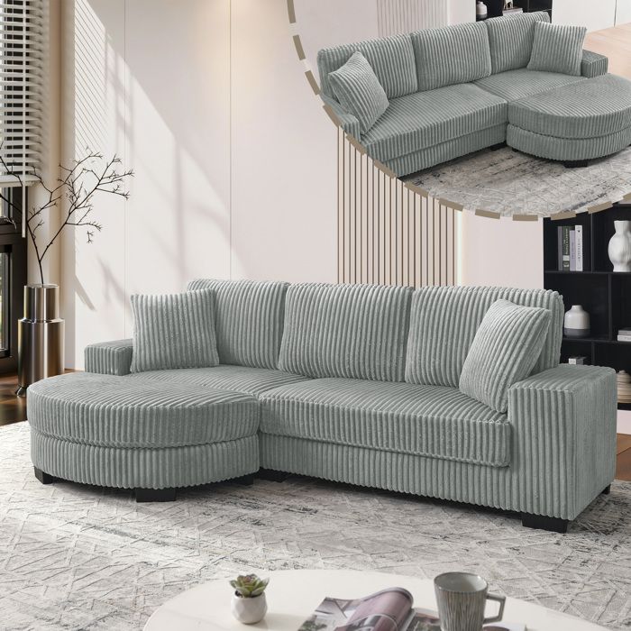 Canapé dangle modulaire 4 places256.5cm×133.5cm×89cm velours côtelé avec pouf ovale et 3 coussins Gris