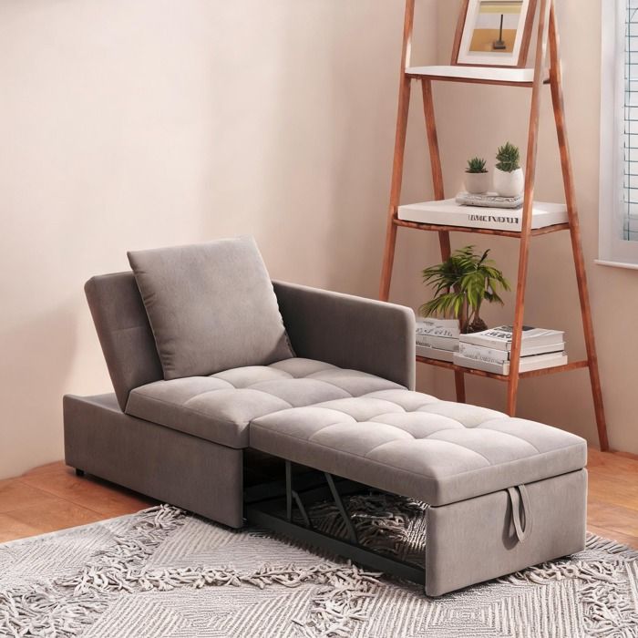 Canapé-lit 1 place en lin gris doux 3-en-1 convertible dossier 5 positions 177 cm