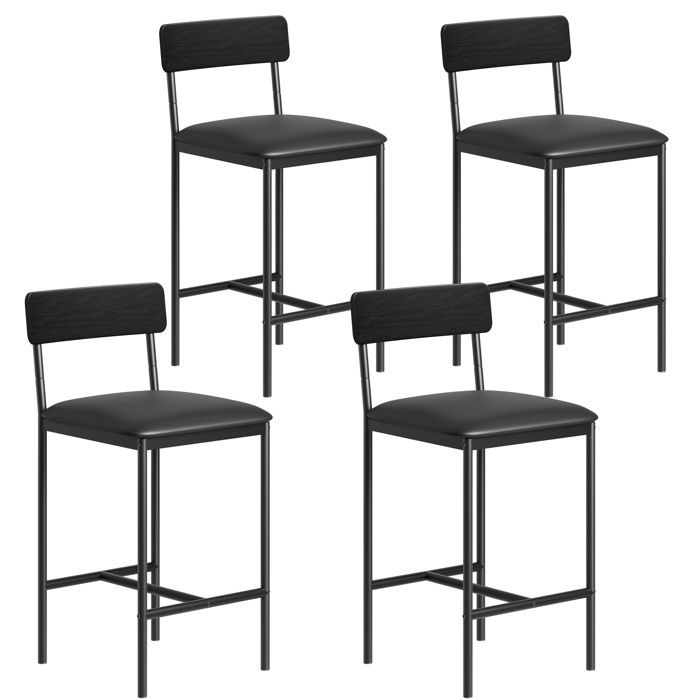 Garvee Lot 4 tabourets bar rétro : dossier repose-pieds assise large PU (65 cm). Pour cuisine îlot ou bar. Noir