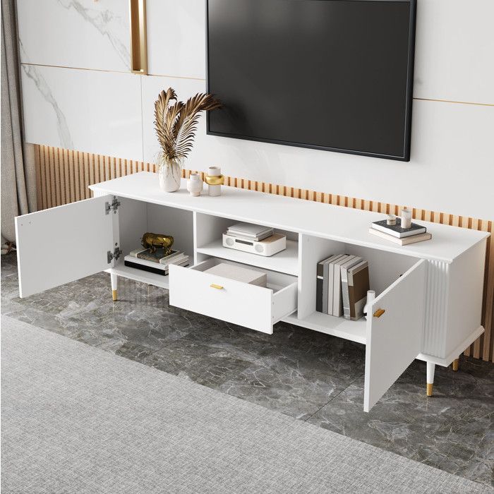 Meuble TV 170 cm blanc en MDF laqué avec 2 portes 1 tiroir niche ouverte et passe-câbles
