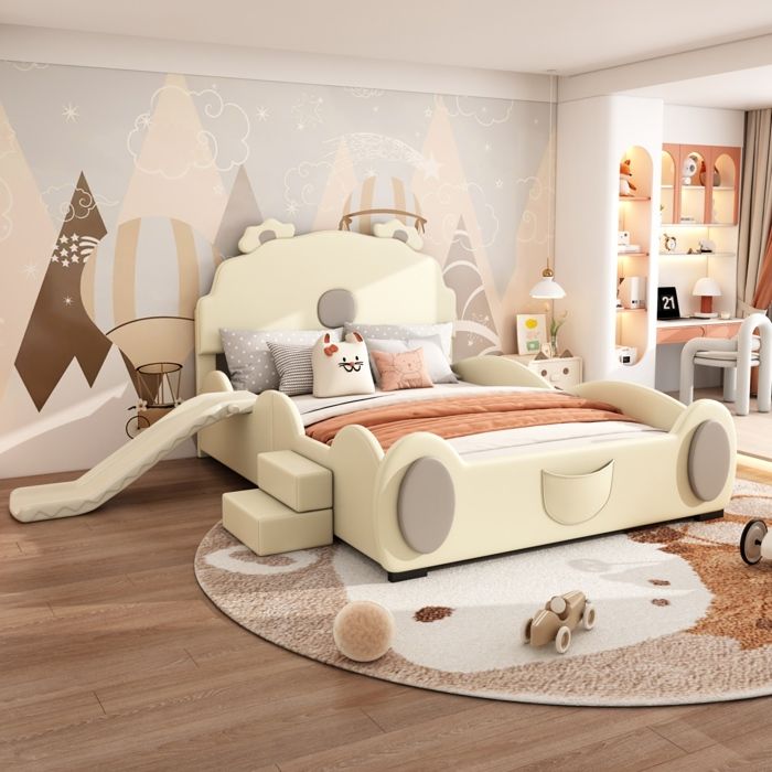 COVREO Lit enfant ours 140 x 200 cm avec toboggan et marches PU MDF beige