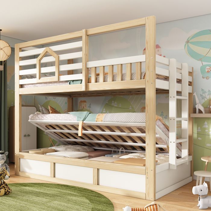 MEUBLIV Lit superposé enfant 90 x 200 cm 2 couchages style cabane blanc et bois rangement hydraulique