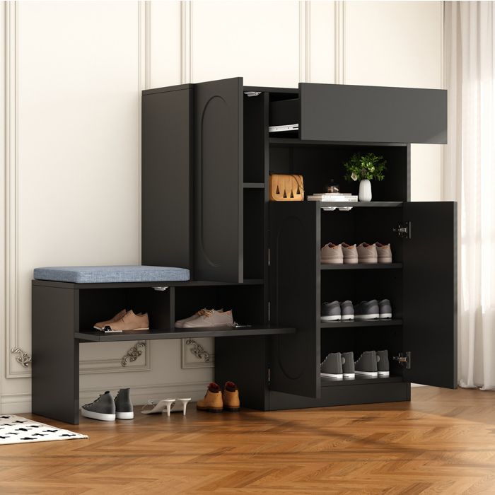 Modenuit meuble à chaussures 2-en-1 130 x 35 x 110 cm avec banc 3 portes 1 tiroir noir