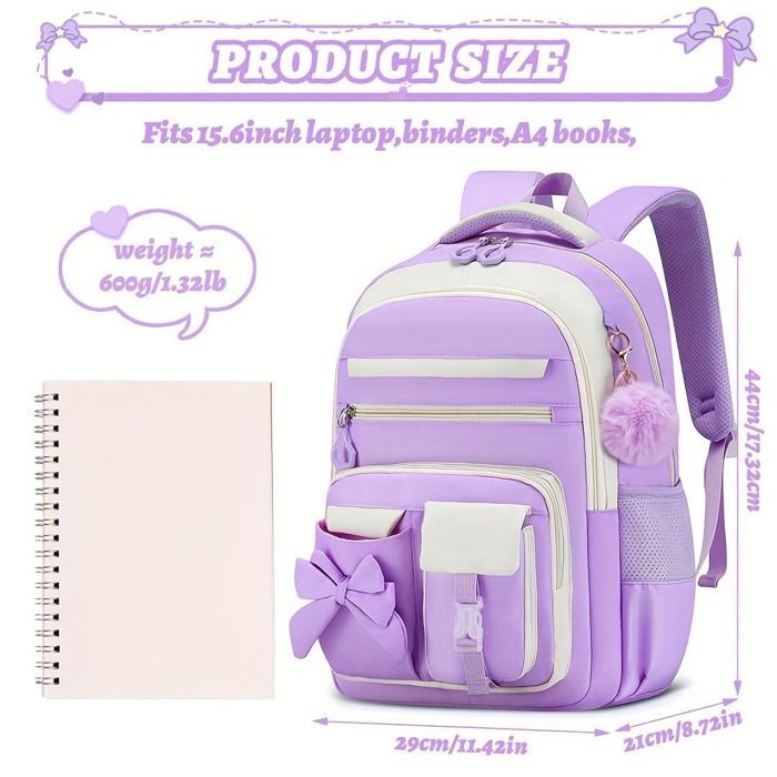 XJYDNCG Cartable Fille Primaire - Imperméable Léger Grand Volume Ensemble Sac + Trousse + Sac Repas - 44x29x21cm - Violet