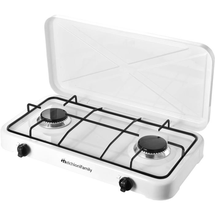 Family MINERVA NEW Réchaud à Gaz 2 Feux Blanc pour Extérieur Acier Émaillé GPL Couvercle de Protection Grille Amovible Flamm