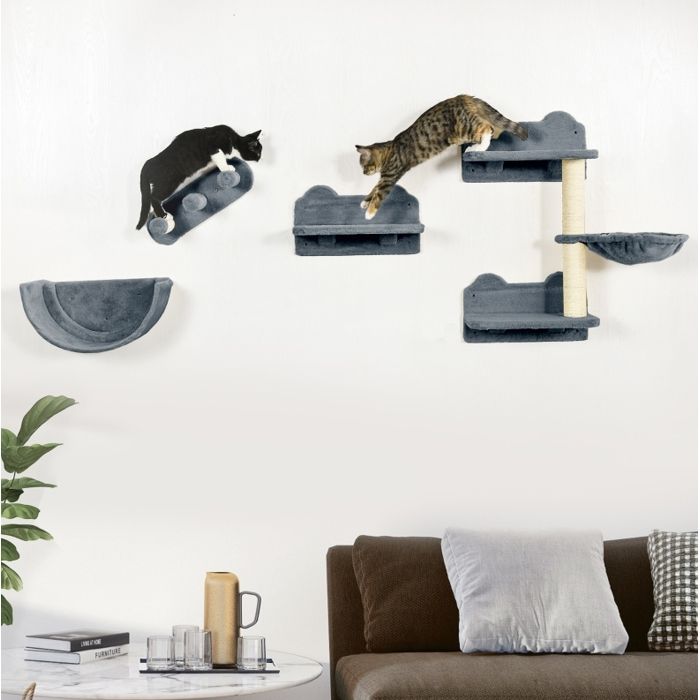 VUENOR ensemble mural 4 pieces pour chat gris avec griffoirs en sisal et plateformes douces