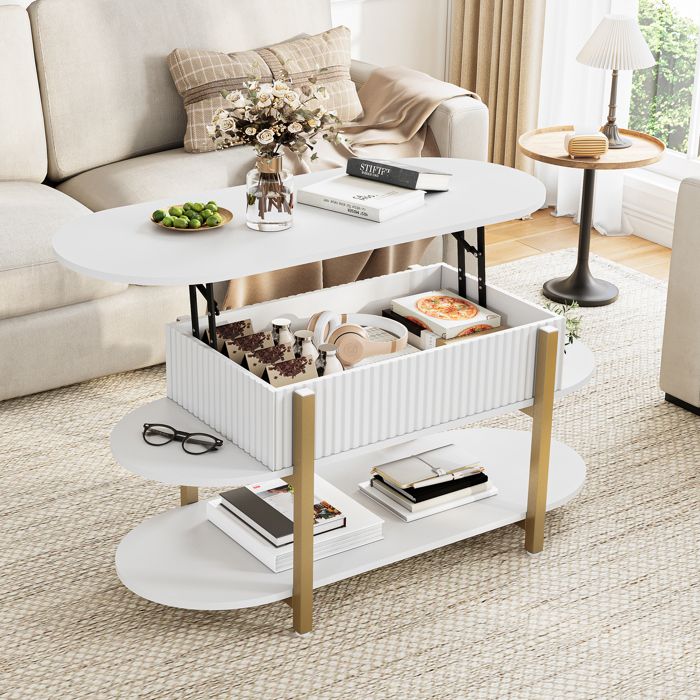 Table Basse Relevable 106x45x50 cm Table de salon Moderne avec Rangement Caché et Compartiment Ouvert Pour Salon et Bureau Blanc