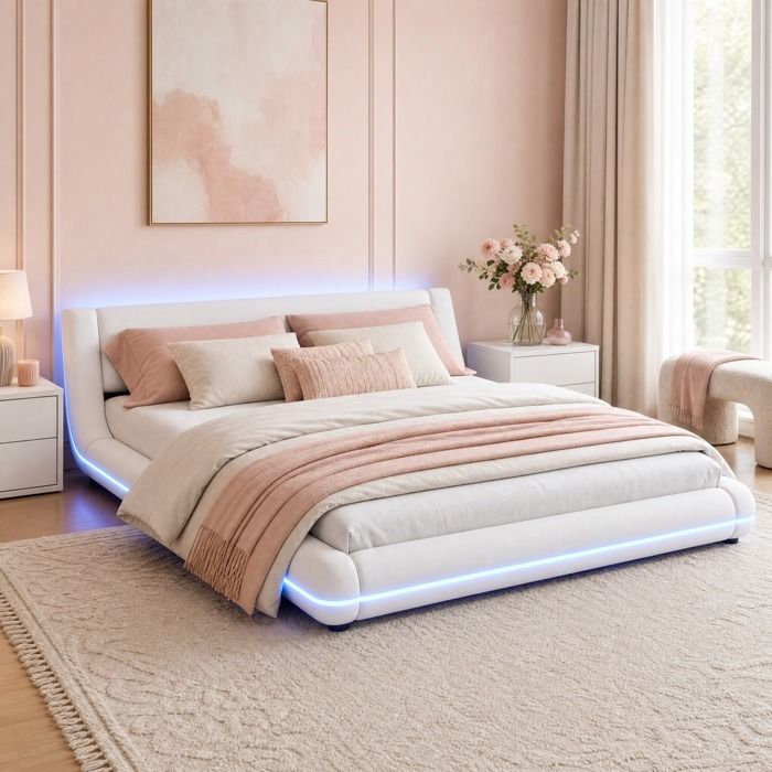 Lit plateforme Lit bas 2 places 160×200 cm LED multicolore - LPOSPI - sans matelas PU MDF - blanc