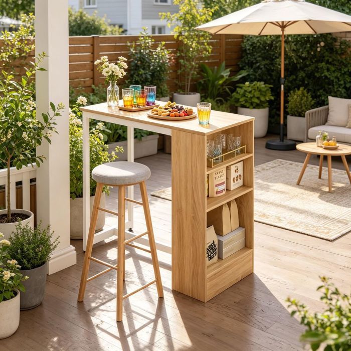 Table de bar - SOGEU - Design élégant - 91x49x91 cm - Panneaux de particules & métal - Rangements pour bouteilles