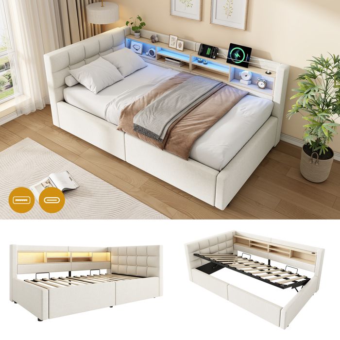 Lit enfant 90x200 cm lit superposé en lin beige couchage dappoint étagères LED port USB rangement hydraulique