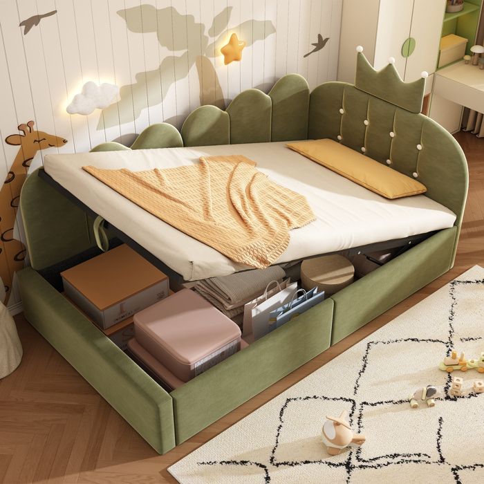 Lit banquette rembourré 90x190 cm en velours coloris vert sans matelas sommier à lattes coffre relevable tête de lit