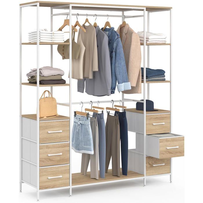 IDMarket Dressing UTAH Double penderie et double colonne 140x40x167 cm Bois et Blanc 6 étagères et 6 tiroirs IDMarket Dressing UTAH Double penderie et double colonne 140x40x167 cm Bois et Blanc 6 étagères et 6 tiroirs