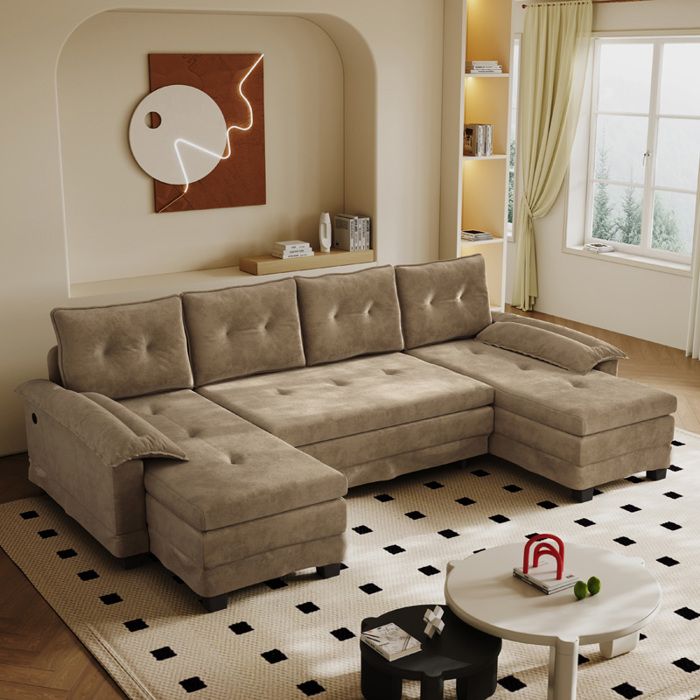 Canapé-lit modulable en U 4 places 278x127x87 cm en chenille avec couchage extensible USB et coussins amovibles - Kaki