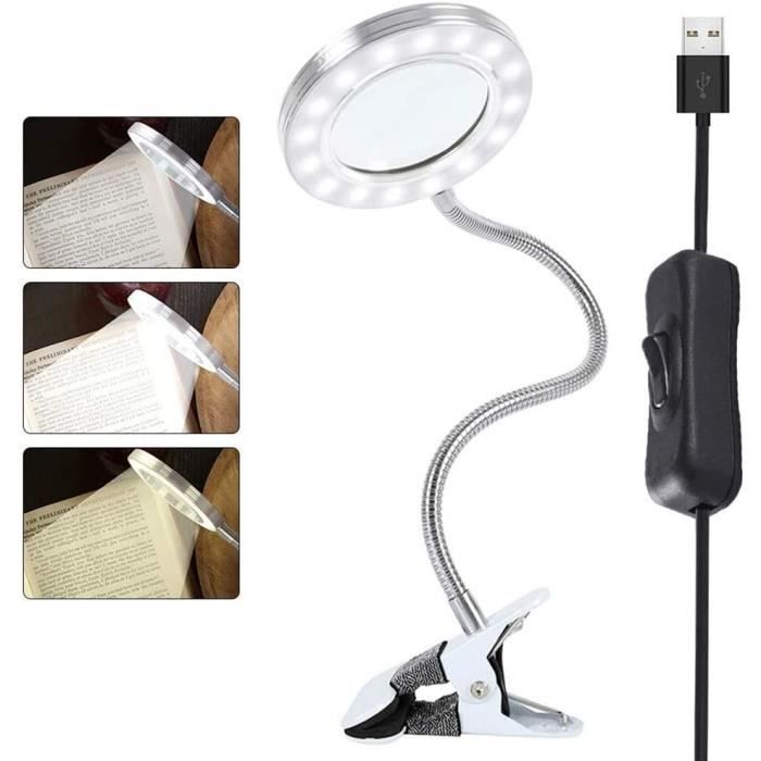 5X Lampe loupe LED Lampe de lecture ajustable pour les yeux avec pince Bestcool LED Lampe de bureau Loupe à bras pivotant en métal 3 couleurs éclairées pour la lecture les études Argent