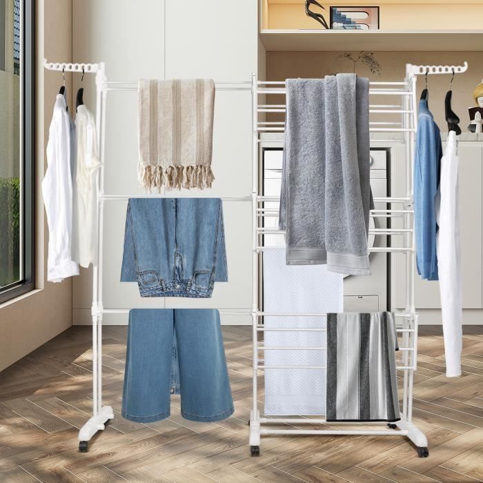 OHMG Étendoir Linge Intérieur Extérieur,Séchoir à Linge Pliable à 2Niveaux,2/4 Ailes Réglables En Hauteur,pour Chaussettes,Draps,Vêtements,Acier Inoxydable Tancarville XXL (138 * 60 * 98.5cm