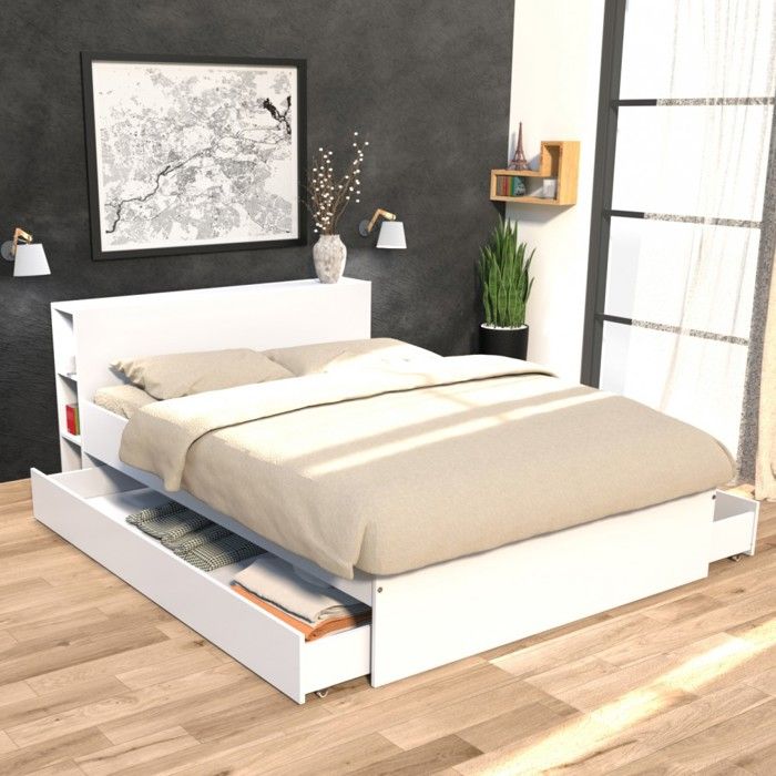 Lit RIGA 140x190cm + tête de lit + 2 tiroirs / Blanc Lit RIGA 140x190cm + tête de lit + 2 tiroirs / Blanc