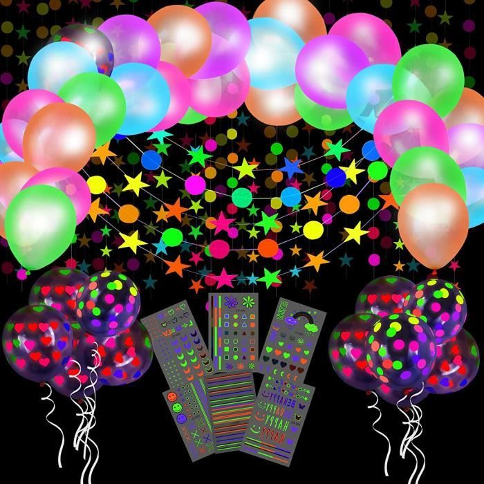 Lot de 24 accessoires de fête fluo qui brillent dans le noir, bannière  lumineuse, ballons néon, accessoires de photomaton, lumière noire,  décoration de fête pour fêtes d'anniversaire : : Cuisine et Maison