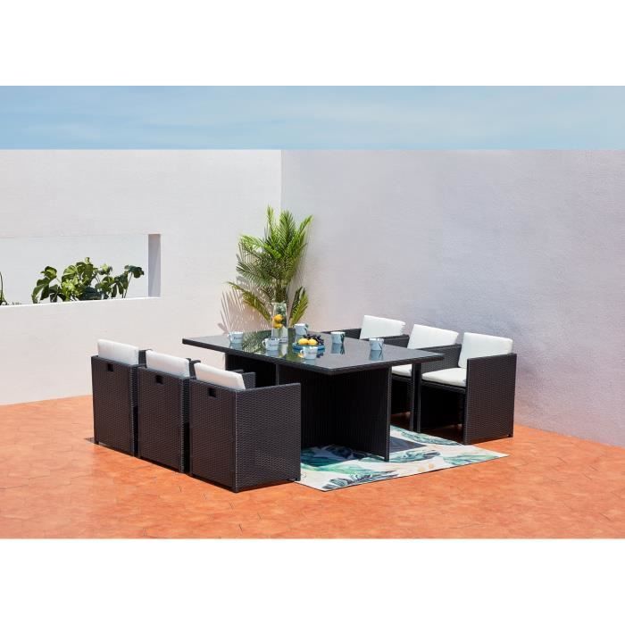 salon de jardin encastrable - 6 personnes - miami - concept usine - résine tressé poly rotin - contemporain - noir/blanc