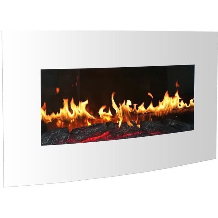 BREAKLING Cheminee electrique murale blanche Chauffage 2000W effet de flammes LED r&eacute;aliste Thermostat r&eacute;glable T&eacute;l&eacute;commande 