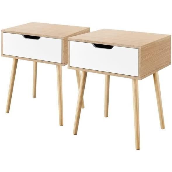 Table De Chevet, Lot De 2, Table De Nuit, Avec 1 Tiroir, Espace De Rangement, Blanc-ROE