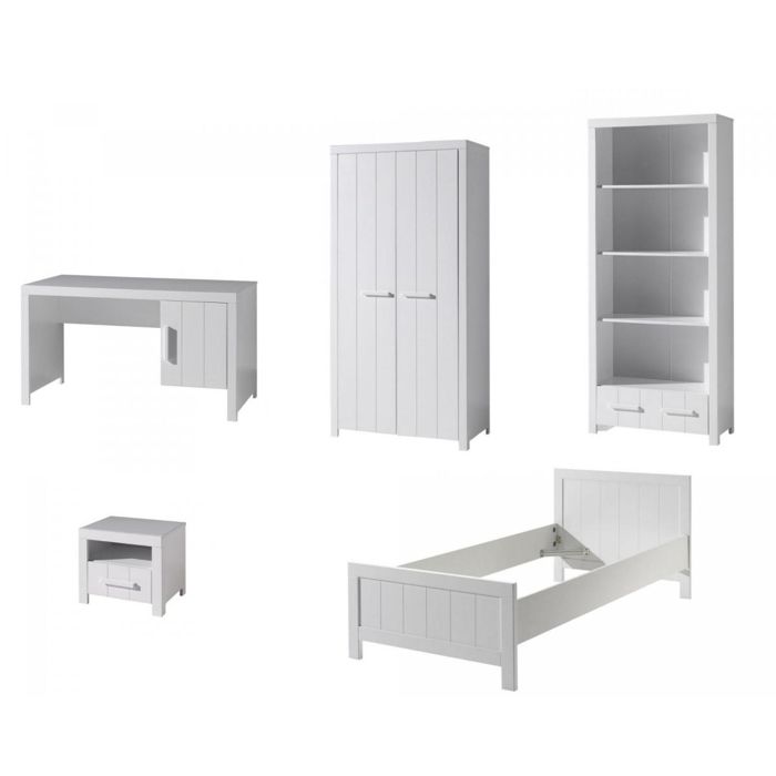 Chambre enfant Erik 90x200 cm en pin massif laqué blanc - Bureau lit table de chevet armoire 2 portes et bibliothèque Chambre enfant Erik 90x200 cm en pin massif laqué blanc - Bureau lit table de chevet armoire 2 portes et bibliothèque
