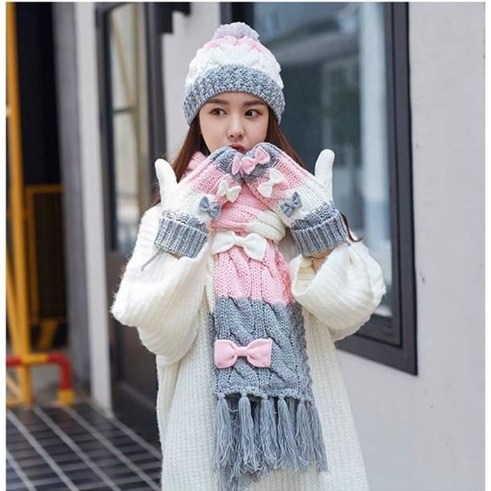 Gisdanchz Bonnet Tricoté Gants Tactile Echarpe Chaude 3 Pièces Ensemble Femme Homme