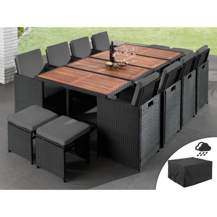 maya salon de jardin encastrable 12 places en resine tressee noir avec coussins gris housse de protection couleur noir cdiscount jardin