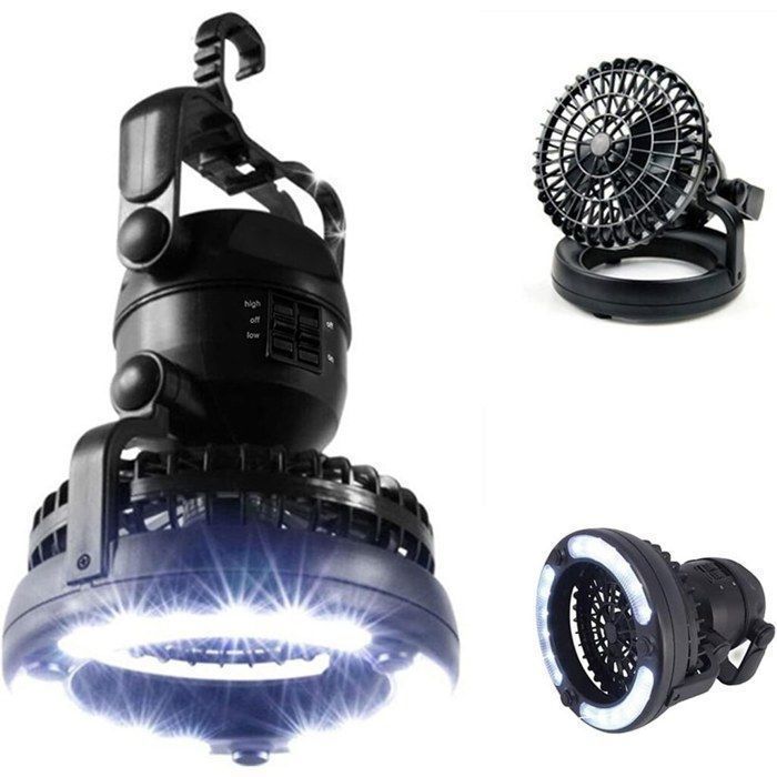Ventilateur de camping 2-en-1 avec LED portable suspendu6 pouces 2 vitesses rotation 360° à piles – Noir - Sokany