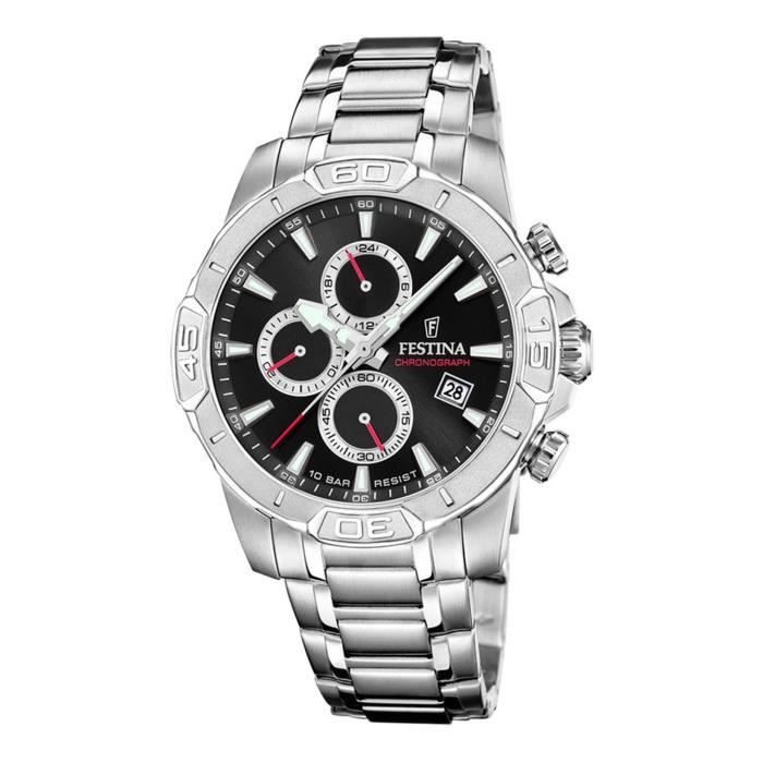 Montre Chronographe Acier Inoxydable 45mm, Cadran Noir, étanche 30m - Neuve Avec étiquettes