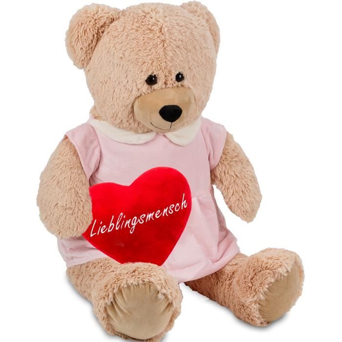 BRUBAKER Peluche g?�ante XXL - Ourse avec Robe Rose - 100 cm - Beige - C??ur en Peluche 