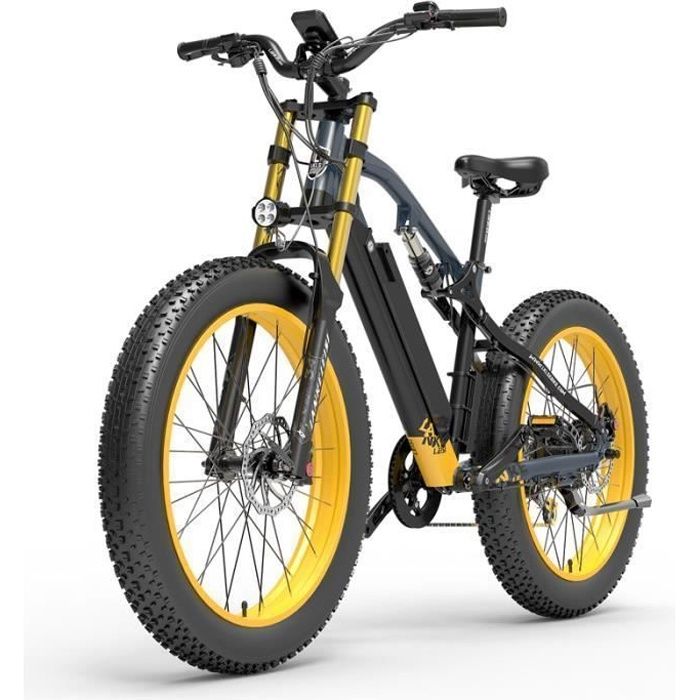 velo electrique LANKELEISI RV700 45KM/H Moteur 1000W Autonomie 120km amortisseur avant 26 pouces VTT fat bike 48V16Ah Jaune