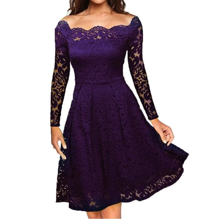 Femmes Vintage Off Epaule Dentelle Formelle Soiree Robe De Soiree A Manches Longues Robe Violet Violet Achat Vente Robe Cdiscount