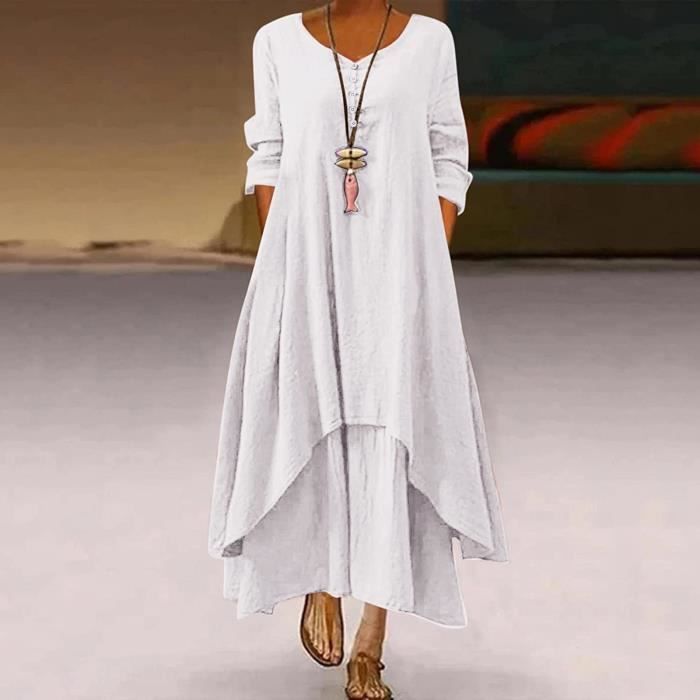 Robe Longue Femme Grande Taille Col Rond Couleur Unie Robe Longue Manches Longues Robe Boutonnée Blanc