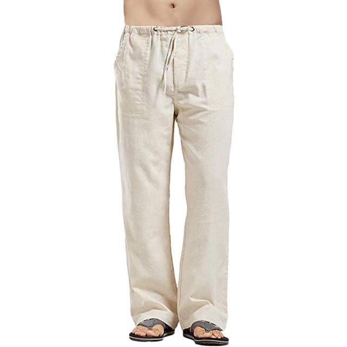 Pantalon de Loisir Homme Coton Lin Kaki Coupe Loose Confortable Respirant