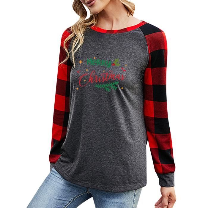 Chemisier Blouse Liquette Chemises De Noël Pour Femmes Plaid Splicing Tops Manches Longues Sweat 