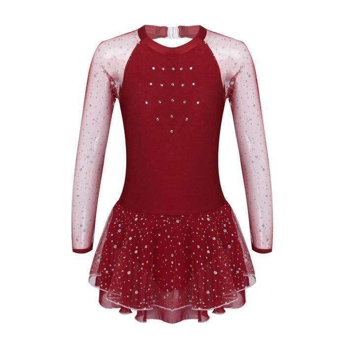RUNQHUI Robe Patinage Artistique Fille - Justaucorps Danse Sur Glace Manches Longues Asymétrique Strass Brillant