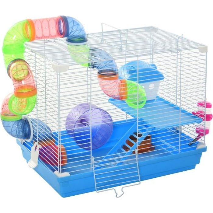 pawhut cage à hamster rongeur 2 niveaux avec tunnel, biberon eau, roue, maisonnette, échelles dim. 46l x 30l x 37h cm