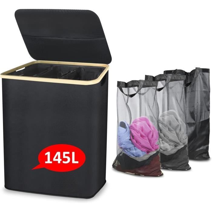 Panier à Linge 3 Compartiments Avec Roulettes - 1 Grand Bac + 2 Petits Bacs Amovibles - Pour Trier Le Linge Sale - 44x33x110 Cm - 6