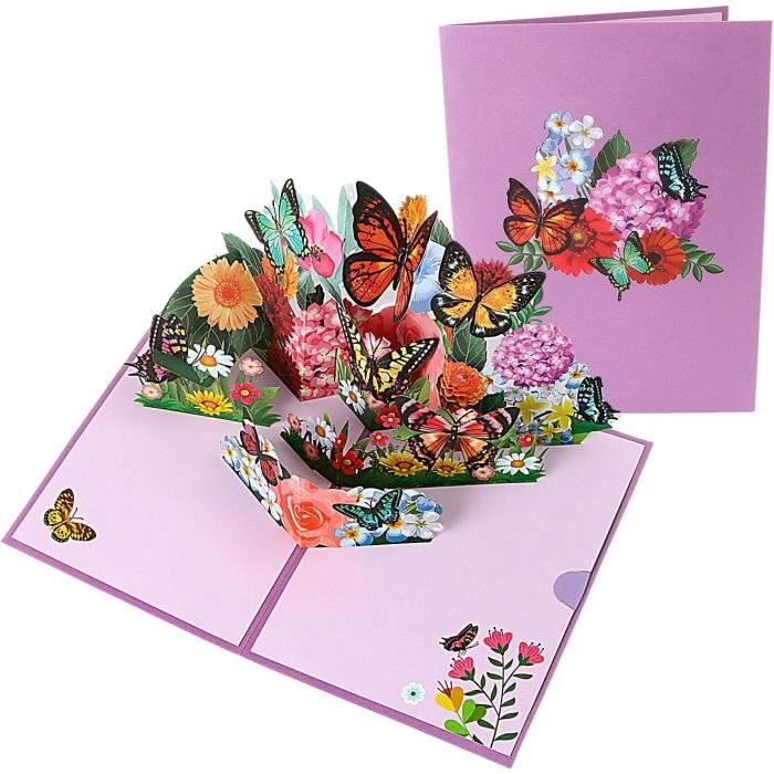 Carte pop-up 3D avec fleurs et papillons - Carte d'anniversaire