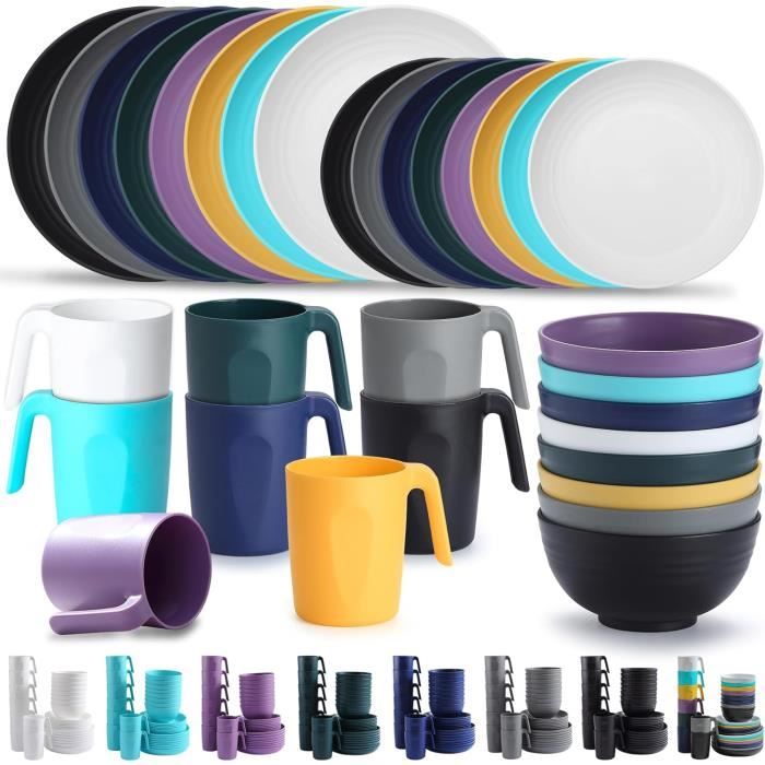 HOMGEN Ensemble Vaisselle Camping 12 Pièces - Assiettes, Bols Et Tasses Réutilisables En Plastique Incassable, Léger Et Empilable, IP65 Étanché, Blanc, Lave-Vaisselle & Micro-Ondes