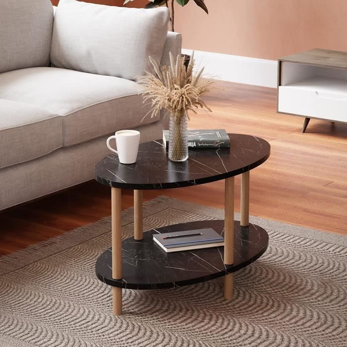 Table Basse Ovale En Panneaux De Particules Avec Étagère - Design Moderne Effet Chêne, Pieds Métal Noir (90x60x36 Cm)