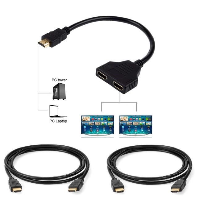Câble Répartiteur HDMI 1 Entrée mâle 2 Sorties femelles + 2 Câbles