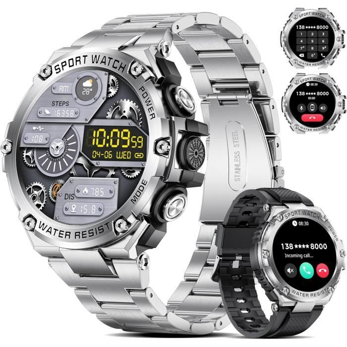 Montre Connectée Homme Militaire AMOLED 1.43 - Appels Bluetooth, Cardio, SpO2, 120 Sports, étanche IP68, 3 Bracelets