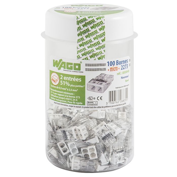 Pot de 100 mini bornes 2 fils S2273 WAGO
