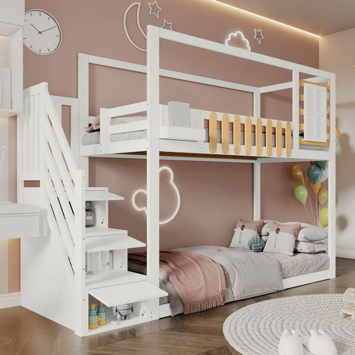 Lit Superposé Pour Enfants 90*200 Cm, Escalier De Sécurité Avec Compartiments De Rangement, Construction à Haute Clôture, Gris