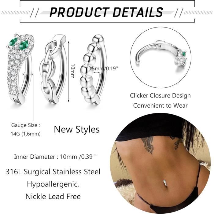 AceFun 14G 3PCS Piercing Nombril Acier Chirurgical Rose CZ Anneau De