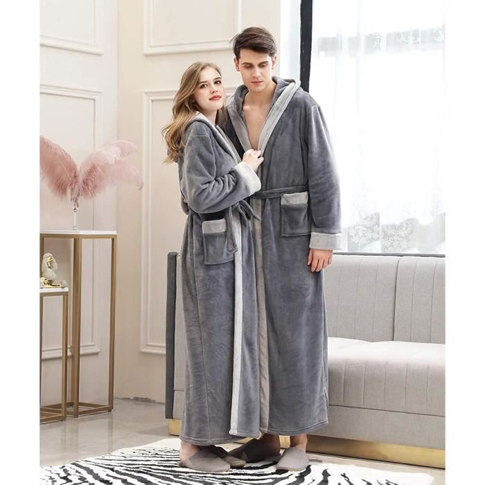 AJW M Peignoir Femme Homme a Capuche Robe de Chambre Polaire Hiver Chaud avec Ceinture Unisexe Peignoir de Bain Long en Flan 1117 Cdiscount Maison