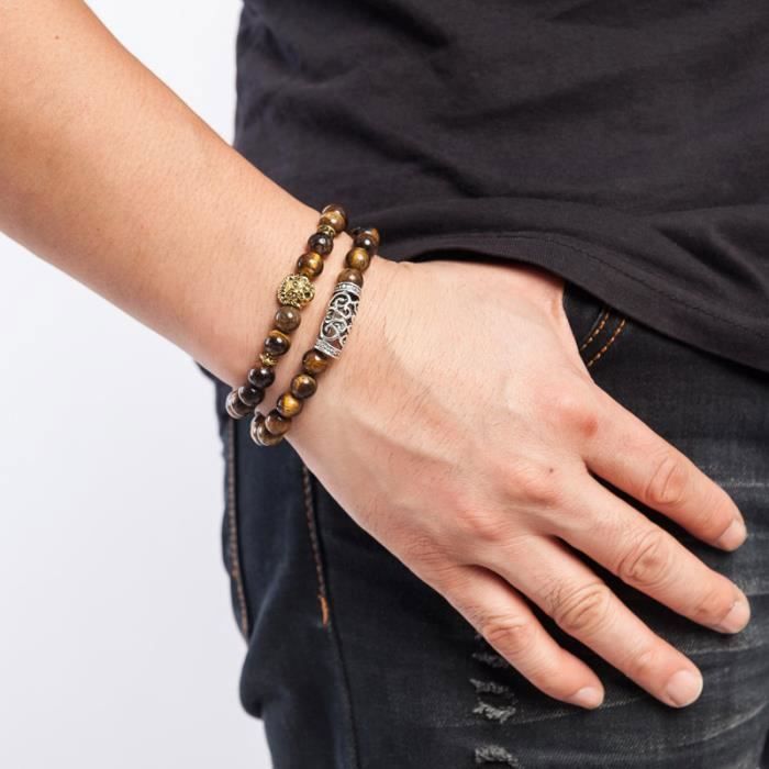 Bracelet Perles Noir Avec Motif Tête De Lion Doré - Pour Homme, Longueur 21-22cm, Acier Inoxydable